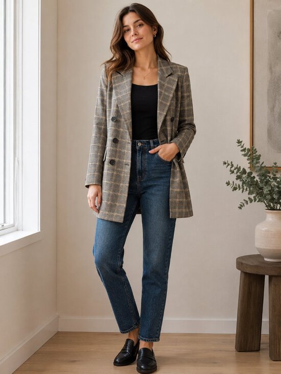 Free People Jackets & Blazers - Free People Long Plaid Blazer Jacket Grey Gold Large